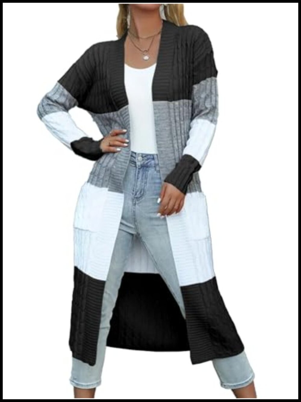 Chunky Cable Knit Long Duster Cardigan Color Block Open Front Plus Size Sweater